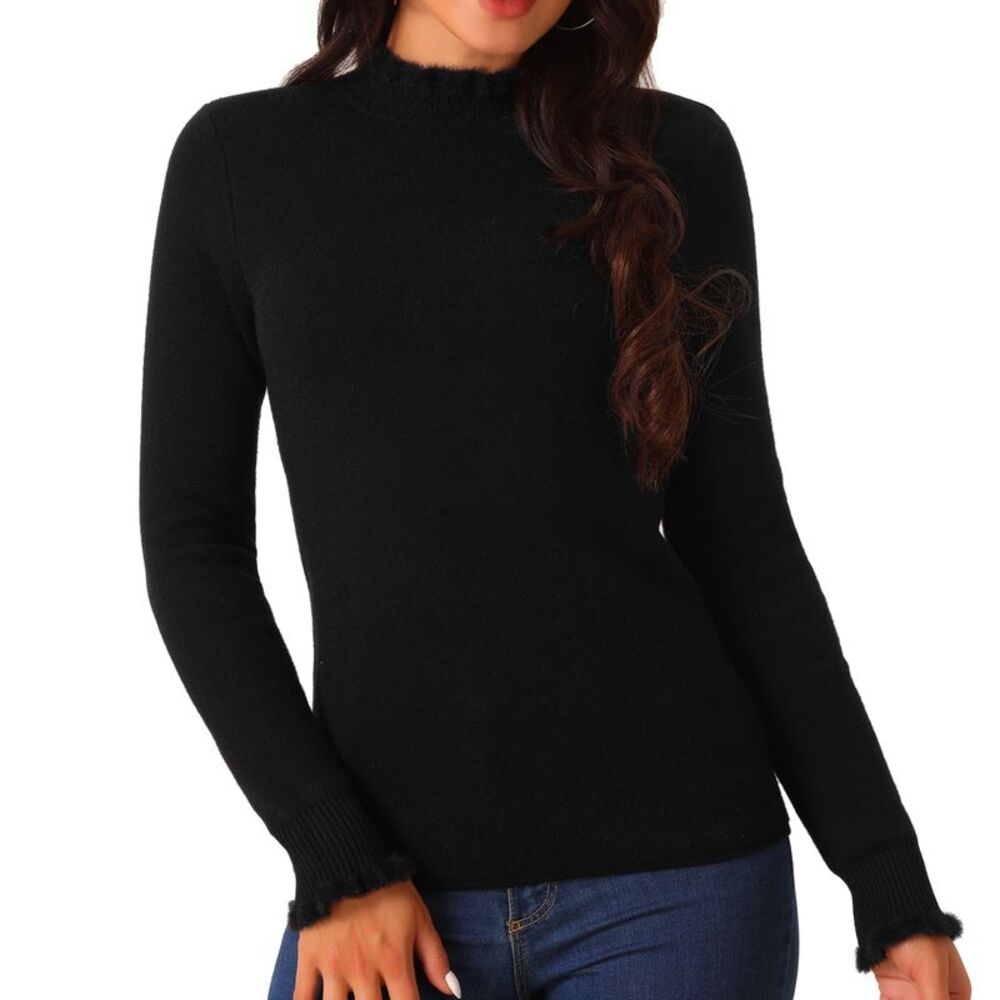 Fall Winter Fluffy Lined Long Sleeve Ribbed Knit Slim Fit Casual Top Black